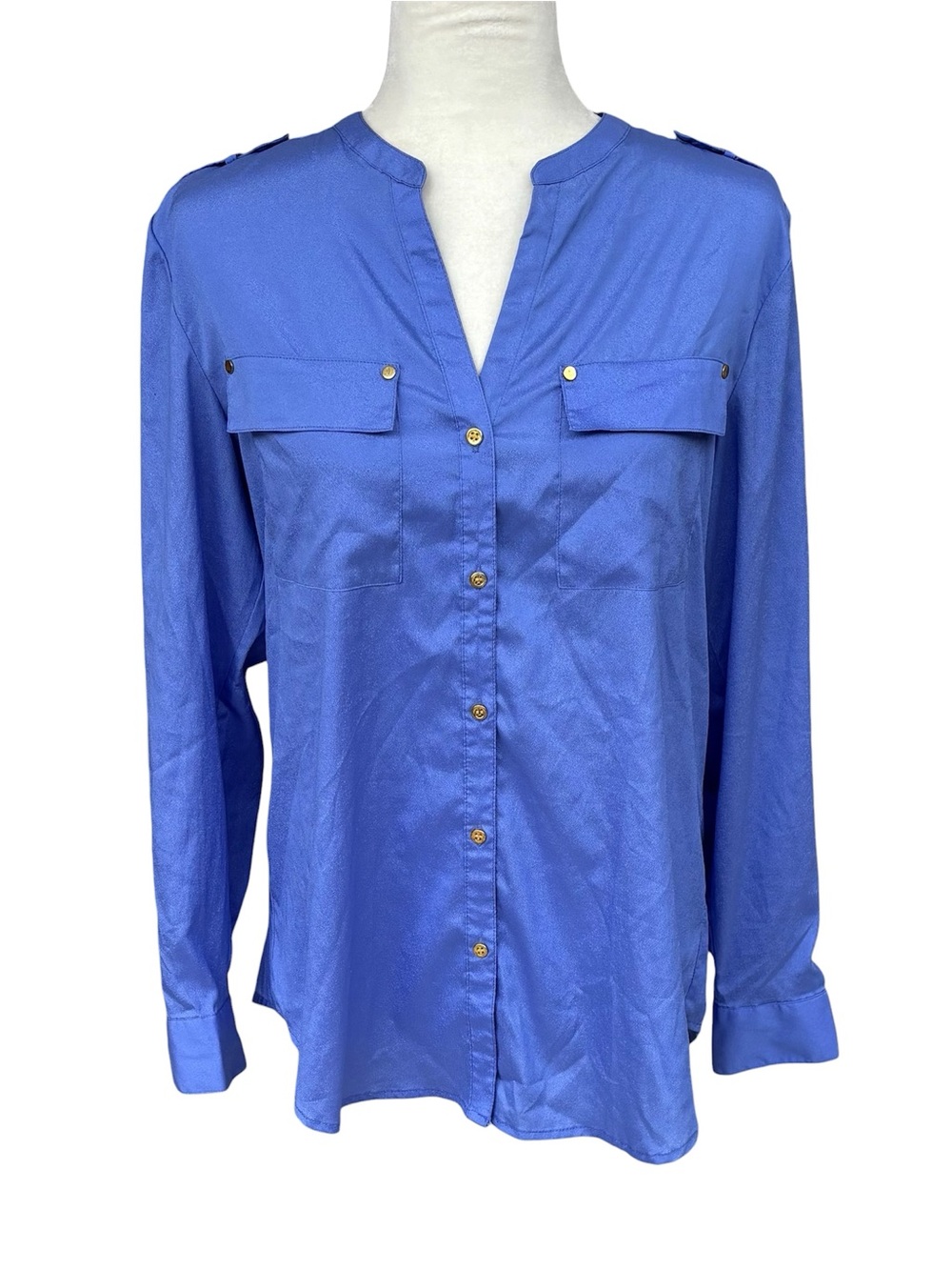 Charter Club Muted Slate Blue Utility Roll-Tab Blouse - Size Medium (Like New) - Picture 2 of 9